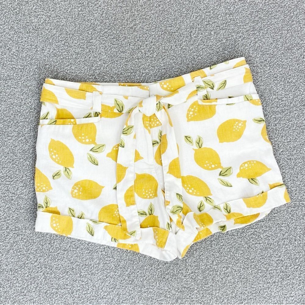 Loft Tie Waist Linen Blend Lemons Print Chino Shorts Ivory Yellow 6 Cuffed